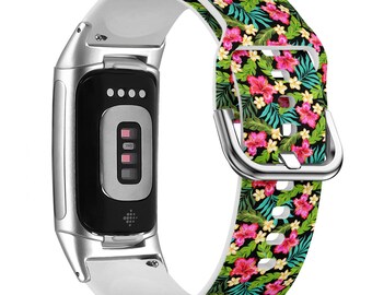 Colorful Tropical Hibiscus Plumeria Watch Band for FitBit Versa 1/2/3/4, FitBit Sense 1/2, Charge 4/5/6,Silicone Soft Wristband Bracelet