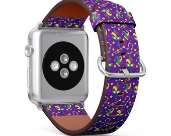 Mardi Gras Carnival Print, Apple Watch Band (38mm / 40mm / 41mm / 42mm / 49mm), Vegan Faux-Leather Watch Strap Wrist Bracelet.