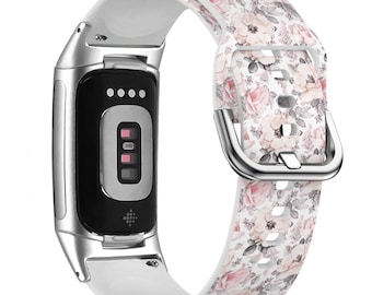 Cinturino per orologio con stampa di fiori e foglie rosa per FitBit Versa 1/2/3 4, FitBit Sense 1/2, FitBit Charge 4/5/6, cinturino sportivo morbido in silicone