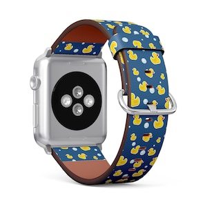 Cute Rubber Duck Bubbles Print, Apple Watch Band (38mm / 40mm / 41mm / 42mm / 49mm), Vegan Faux-Leather Watch Strap Bracelet.