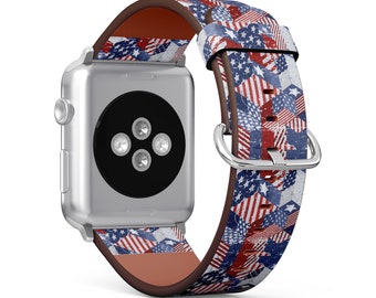 Watercolor Usa Flag Print, Apple Watch Band ( 38mm / 40mm / 41mm / 42mm / 44mm / 45mm), Vegan Faux-Leather Watch Strap Wrist Bracelet.