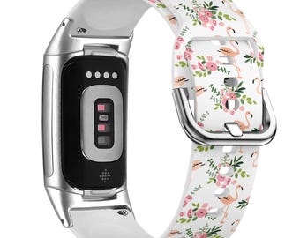Pulseira de relógio floral rosa flamingo para FitBit Versa 1/2/3 4, FitBit Sense 1/2, FitBit Charge 4/5/6, pulseira de silicone macia