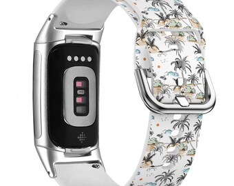 Island Palm Trees Watch Band for FitBit Versa 1/2/3 4, FitBit Sense 1/2, FitBit Charge 4/5/6, Silicone Soft Sports Wristband Strap Bracelet