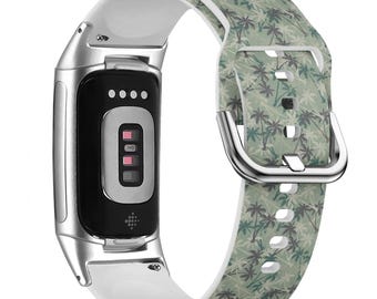 Tropical Palm Tree Watch Band for FitBit Versa 1/2/3 4, FitBit Sense 1/2, FitBit Charge 4/5/6, Silicone Soft Sports Wristband Strap Bracelet