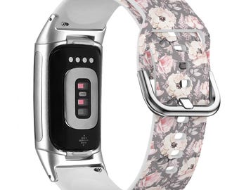Cinturino per orologio con stampa di fiori e foglie rosa per FitBit Versa 1/2/3 4, FitBit Sense 1/2, FitBit Charge 4/5/6, cinturino sportivo morbido in silicone
