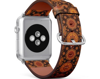 Boho Style Flower Mandala Print, Apple Watch Band ( 38mm / 40mm / 42mm / 44mm / 45mm), Vegan Faux-Leather Watch Strap Wrist Bracelet.