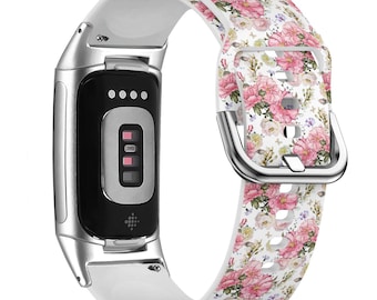 Cinturino per orologio con stampa di fiori e foglie rosa per FitBit Versa 1/2/3 4, FitBit Sense 1/2, FitBit Charge 4/5/6, cinturino sportivo morbido in silicone