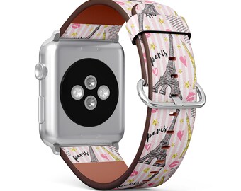Paris Vintage Eiffel Print, Apple Watch Band (38mm / 40mm / 41mm / 42mm / 49mm), Vegan Faux-Leather Watch Strap Wrist Bracelet.
