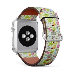 Impresión de dibujos animados kawaii de marihuana, Apple Watch Band (38mm / 40mm / 41mm / 42mm / 44mm / 45mm), pulsera de muñeca vegana Faux-leather Watch Strap.