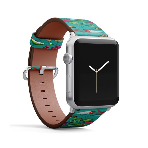 Pop Colorful Fishing Lures Print, Apple Watch Band ( 38mm / 40mm / 41mm / 42mm / 44mm / 45mm), Vegan Faux-Leather Watch Strap Bracelet.