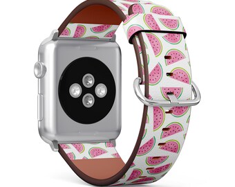 Doodle Watermelon Print, Apple Watch Band ( 38mm / 40mm / 41mm / 42mm / 44mm / 45mm), Vegan Faux-Leather Watch Strap Wrist Bracelet.