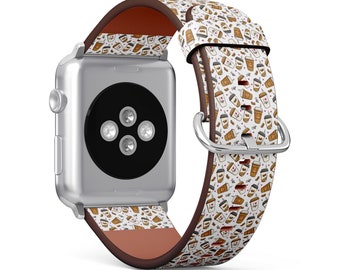 Cute Coffee Cups Print, Apple Watch Band (38mm / 40mm / 41mm / 42mm / 49mm), Vegan Faux-Leather Watch Strap Wrist Bracelet.