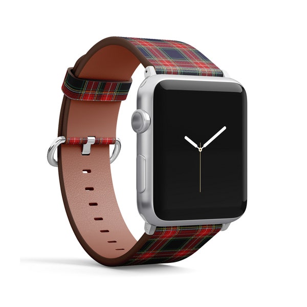 Tartan Scottish Plaid Print, Apple Watch Band (38 mm / 40 mm / 41 mm / 42 mm / 49 mm), bracelet de montre en faux cuir végétalien.