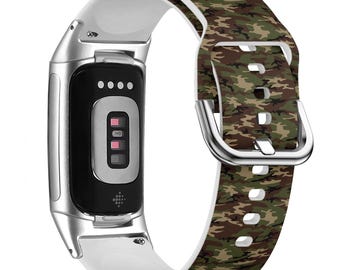 Army Camouflage Pattern Print for FitBit Versa 1/2/3 4, FitBit Sense 1/2, FitBit Charge 4/5/6, Silicone Soft Sports Wristband Strap Bracelet