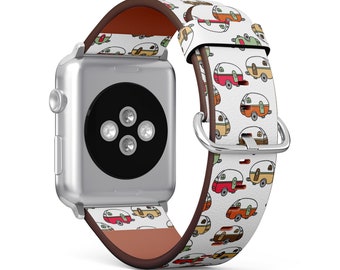 Retro Camping Camper Print, Apple Watch Band (38mm / 40mm / 41mm / 42mm / 49mm), Vegan Faux-Leather Watch Strap Wrist Bracelet.