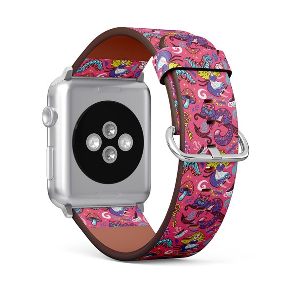 Alice Fairytale Print, Apple Watch Band (38mm / 40mm / 41mm / 42mm / 49mm), Vegan Faux-Leather Watch Strap Wrist Bracelet.