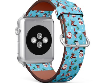 Snowman Christmas Theme Print, Apple Watch Band (38mm / 40mm / 41mm / 42mm / 44mm / 45mm), Vegan Faux-Leather Watch Strap Wrist Bracelet.