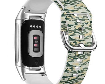 Military Camo Pattern Watch Band for FitBit Versa 1/2/3 4, FitBit Sense 1/2, FitBit Charge 4/5/6, Silicone Soft Sports Wristband Bracelet