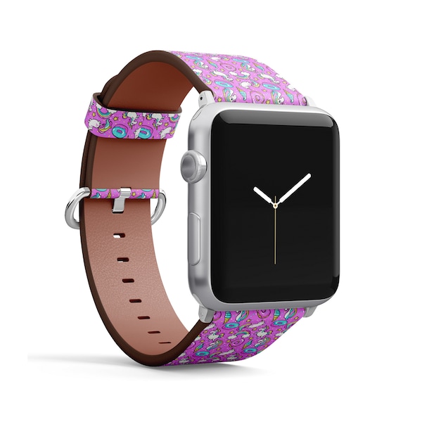 Unicorns Donuts Rainbow Print, Apple Watch Band (38mm / 40mm / 41mm / 42mm / 49mm), Vegan Faux-Leather Watch Strap Bracelet.