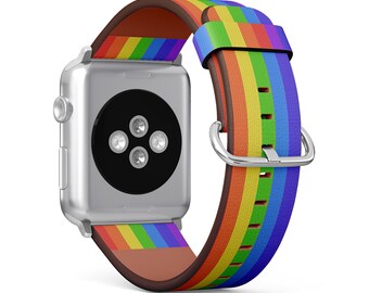 Knitted Rainbow Texture Canvas Print,Apple Watch Band (All Series: 38mm / 40mm / 42mm / 44mm),Vegan Faux-Leather Watch Strap Wrist Bracelet.