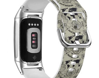 Vintage Globe Compass Print Watch Band for FitBit Versa 1/2/3 4, FitBit Sense 1/2, FitBit Charge 4/5/6, Silicone Soft Sport Wristband Strap