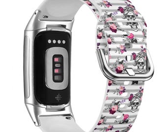Roses n Skull Print Watch Band for FitBit Versa 1/2/3 4, FitBit Sense 1/2, FitBit Charge 4/5/6, Silicone Soft Sport Wristband Strap