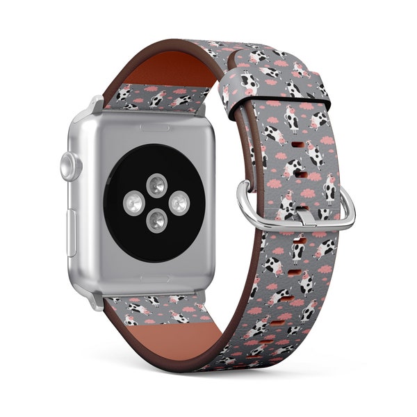 Funny Cow Cartoon Print, Apple Watch Band ( 38mm / 40mm / 41mm / 42mm / 44mm / 45mm), Vegan Faux-Leather Watch Strap Wrist Bracelet.
