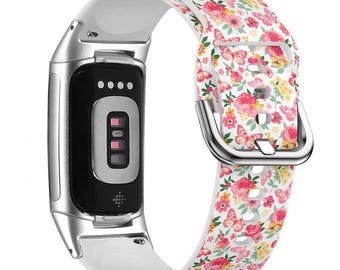 Cinturino per orologio con stampa floreale corallo per FitBit Versa 1/2/3 4, FitBit Sense 1/2, FitBit Charge 4/5/6, cinturino sportivo morbido in silicone