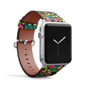 Pical Hibiscus Plumeria Print Apple Watch Band 38mm 40mm 42mm 44mm 45mm Vegan Faux Leather Watch Strap Wrist Bracelet