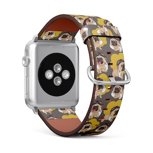 Cartoon Pug Puppy Print, Apple Watch Band ( 38mm / 40mm / 42mm / 44mm / 45mm), Vegan Faux-Leather Watch Strap Wrist Bracelet.
