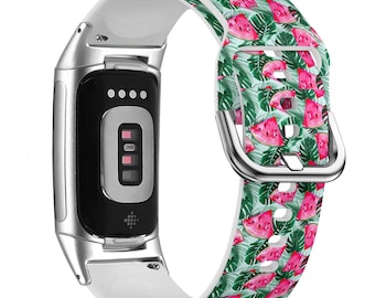Watermelons Tropical Palm Leaves Print for FitBit Versa 1/2/3 4, FitBit Sense 1/2, FitBit Charge 4/5/6, Silicone Soft Sports Wristband Strap