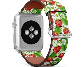 Erdbeer-Print, Apple-Armband ( 38mm / 40mm / 41mm / 42mm / 44mm / 45mm), Veganes Kunstleder-Armband für die Uhr am Handgelenk.
