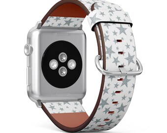 Silver Stars On Print, Apple Watch Band (38mm / 40mm / 41mm / 42mm / 49mm), Vegan Faux-Leather Watch Strap Wrist Bracelet.