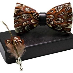 Mens Handmade Feather Pre-tied Bow Tie And Brooch Set Peacock Brown Boe Tie Mens Gift