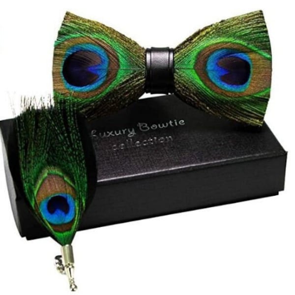 Mens Handmade Feather Pre-tied Bow Tie And Brooch Set Peacock Brown Green Boe Tie Mens Gift