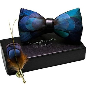 Mens Handmade Feather Pre-tied Bow Tie And Brooch Set Peacock Blue Boe Tie Mens Gift
