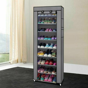 10 Layer 9 Shelf Shoes Cabinet Storage Organizer Shoe Rack Dustproof Standing (Gray)