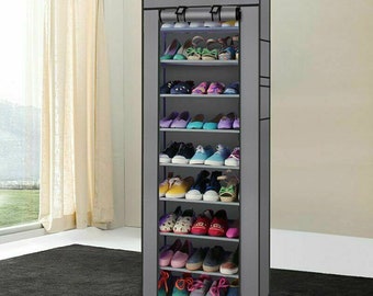 10 Layer 9 Shelf Shoes Cabinet Storage Organizer Shoe Rack Dustproof Standing (Gray)