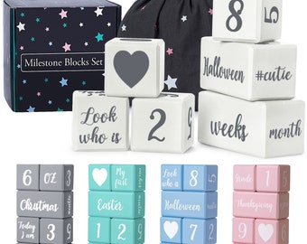Baby Monthly Milestone Blocks w/Bag. 6 White Baby Age Blocks for Girl or Boy Baby Photo Props & Baby Shower Gift. Month Baby Milestone Block