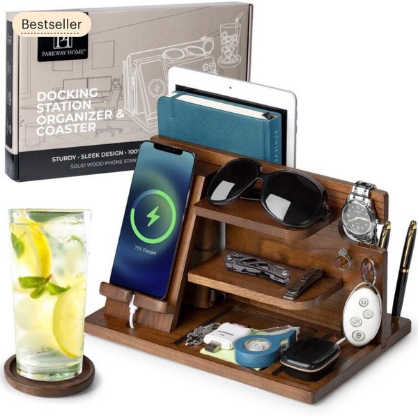 Wooden Docking Station w/Laptop Tablet Holder & Coaster! Brown or Black Wood Tray, Bedside Caddy Nightstand Organizer, Entryway Organizer