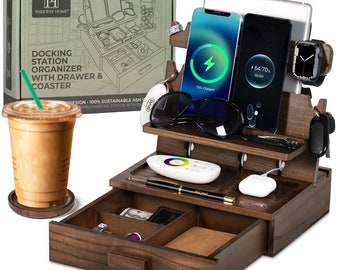 Wood Phone Docking Station for 1-3 Phones - Nightstand Organizer for Men & Women Holds Phones, Tablets, Keys, Rings, Glasses, Watches, EDC