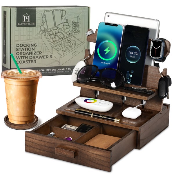 Wood Phone Docking Station for 1-3 Phones - Nightstand Organizer for Men & Women Holds Phones, Tablets, Keys, Rings, Glasses, Watches, EDC