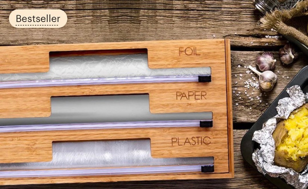 Bamboo Plastic Wrap Dispenser with Cutter Aluminum Foil Dispenser with  Labels for Aluminum Foil, Cling Wrap, Parchment Paper (3 in 1)