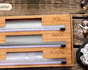 3 in 1 Foil, Wax Paper and Plastic Wrap Organizer (Bamboo). Aluminum Foil, Parchment Paper and Cling Wrap Dispenser with Cutter. (16” Wide)