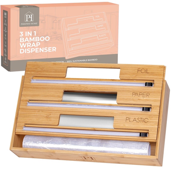 3 in 1 Foil, Wax Paper and Plastic Wrap Organizer bamboo. Aluminum