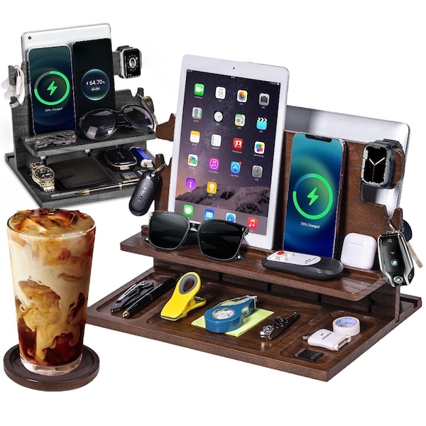 Tablet iPad Stand Wood Phone Docking Station - Nightstand Organizer for Men & Women Apple Charging Station For Multiple Devices, iPhones EDC