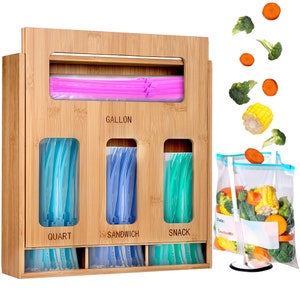 Plastic Bag Organizer w/Sliding Cover and Engraved Labels. Comes w/Bonus Bag Stand Holder