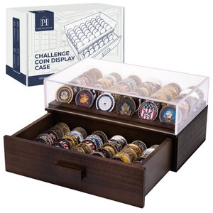 Wooden Challenge Coin Display Case with Clear Cover - Military Coin Display Case + Storage Drawer - Coin Stand Holder & Poker Chip Display