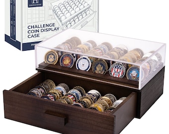 Wooden Challenge Coin Display Case with Clear Cover - Military Coin Display Case + Storage Drawer - Coin Stand Holder & Poker Chip Display