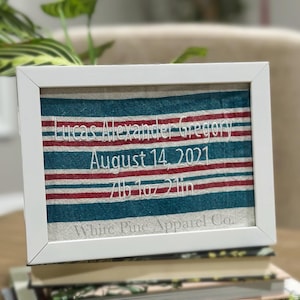 Op de afbeelding: Wit omkaderd kunstwerk met een blauw, rood en wit gestreept patroon. De borduursels bevatten een naam, datum en gewicht. Het frame rust op een stapel boeken. Het gewicht is 3,2 kg.